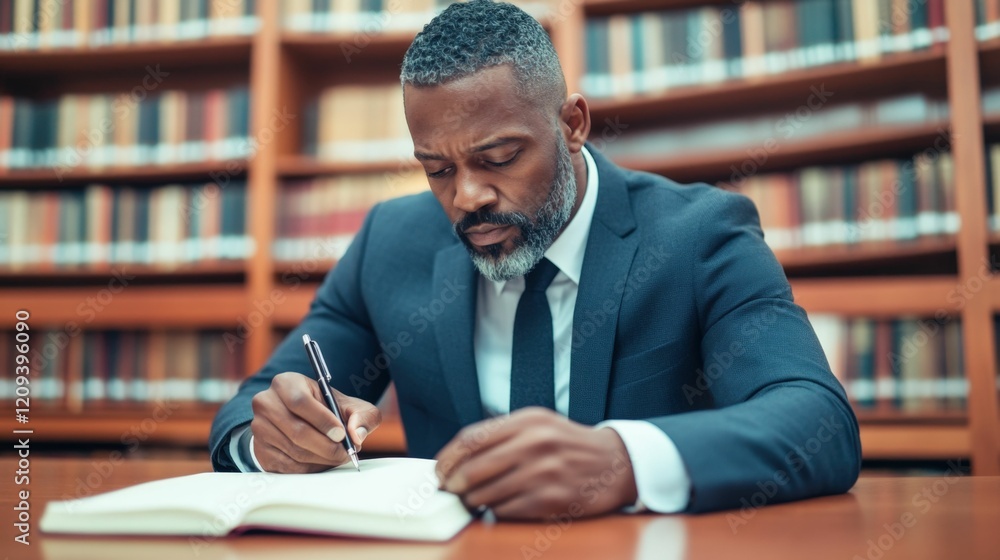 Focused middle aged man in business suit writing at a desk in library setting Focused middle aged man in business suit writing at a desk in library setting