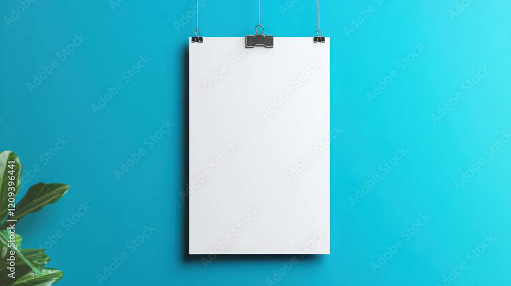 A blank poster is suspended from paper clips, set against a clean blue backdrop, embodying a minimalistic aesthetic, perfect for showcasing design concepts or artwork. A blank poster is suspended from paper clips, set against a clean blue backdrop, embodying a minimalistic aesthetic, perfect for showcasing design concepts or artwork.