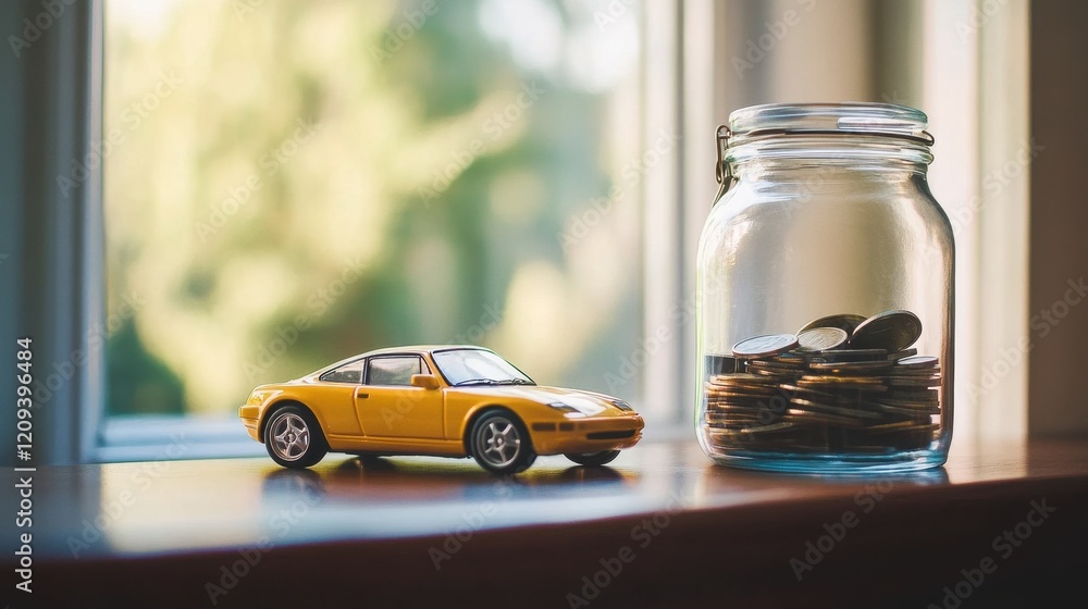 Yellow Toy Car and Jar of Coins on Table Yellow Toy Car and Jar of Coins on Table