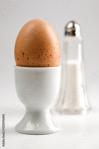 boiled egg for breakfast, salt dispenser in background