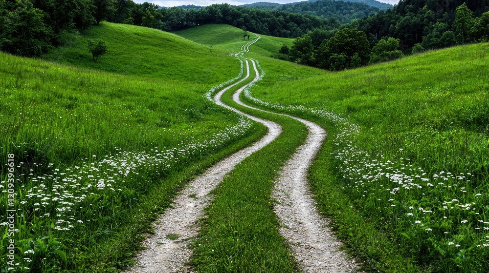 Obraz premium Winding country road through green hills and wildflowers. Use Travel brochure