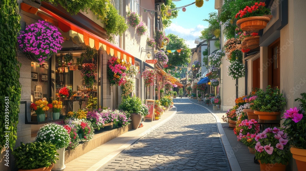 Fototapeta premium Charming street adorned with vibrant flowers and cozy shops, perfect for leisurely strolls.