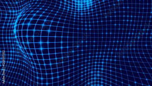 Blue Digital Distorted Grid. Retrowave Technology, Science, Game Background. Wireframe Grid with Glow Lights Banner, Wallpaper, Print. Vector Illustration.