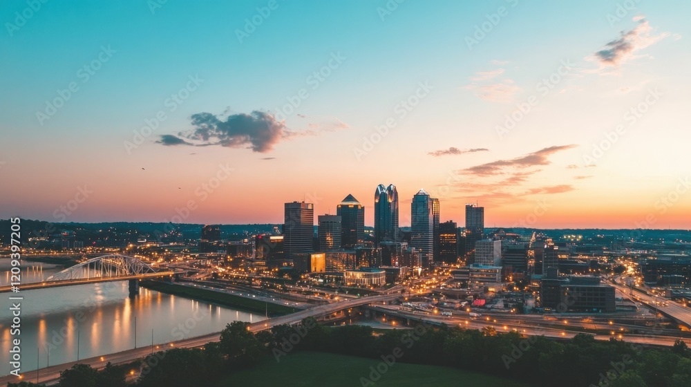 Obraz premium Vibrant city skyline at sunset with urban lights