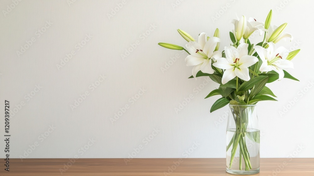 Elegant arrangement of fresh white lilies in a clear glass vase on wooden surface Elegant arrangement of fresh white lilies in a clear glass vase on wooden surface