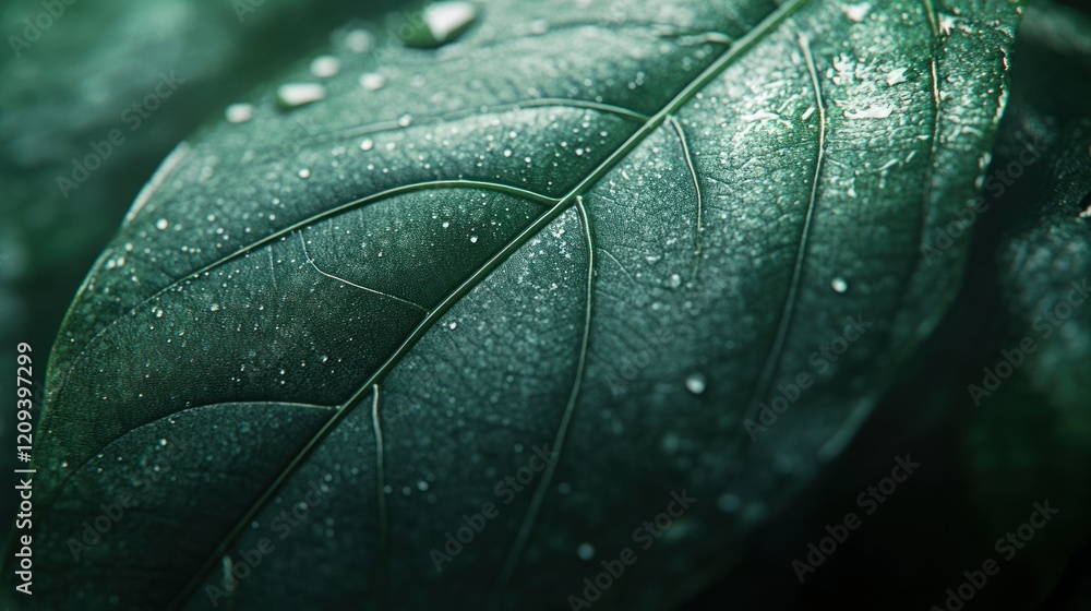 Fototapeta premium A close-up macro shot of a fresh green leaf with soft light highlighting its vein patterns. The surface has a smooth texture with faint water droplets glistening. Photorealistic 4K quality.