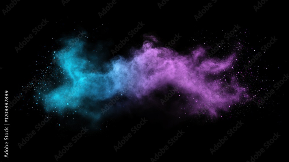 Obraz premium A close-up view of a powder color burst in vivid shades of purple and teal. The dust particles form a soft, cloud-like texture, isolated on a black background for dramatic contrast.