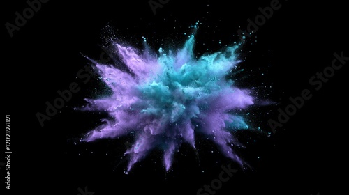 A close-up view of a powder color burst in vivid shades of purple and teal. The dust particles form a soft, cloud-like texture, isolated on a black background for dramatic contrast.