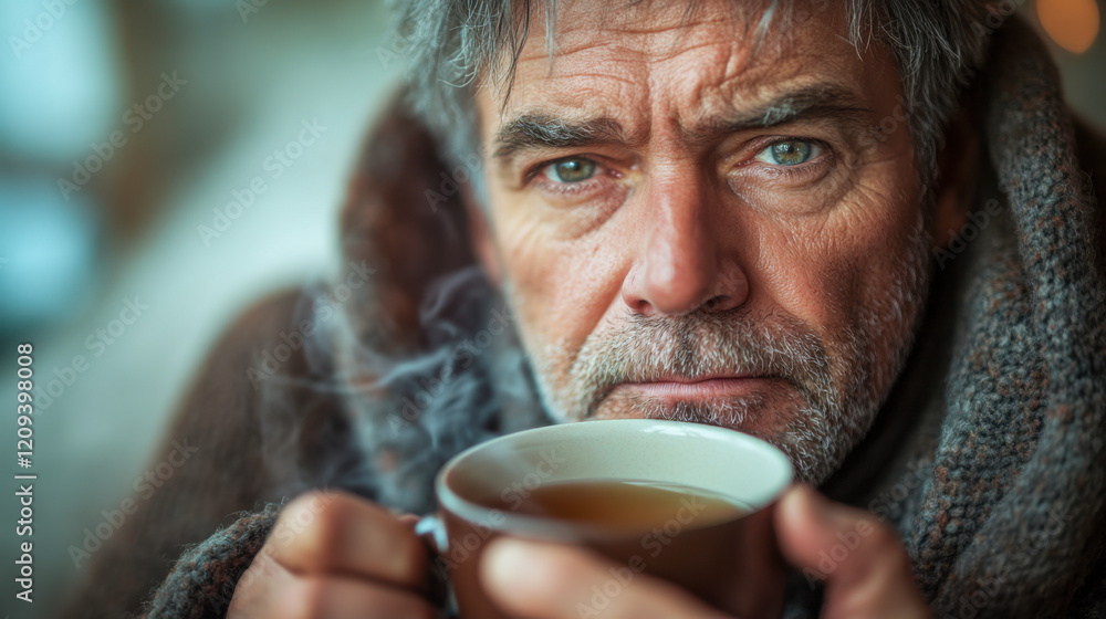 A man with a cold, holding a steaming mug of tea, looking tired and unwell, cozy indoor setting A man with a cold, holding a steaming mug of tea, looking tired and unwell, cozy indoor setting