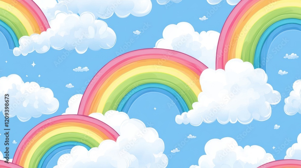 Pastel seamless pattern with rainbows and clouds. Childish cute graphic. Vector hand drawn illustration Pastel seamless pattern with rainbows and clouds. Childish cute graphic. Vector hand drawn illustration