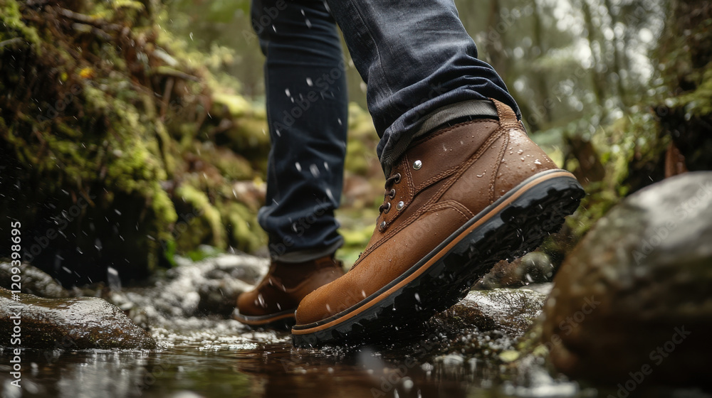 A close-up of a man foot wearing brown shoes walking in rainy forest A close-up of a man foot wearing brown shoes walking in rainy forest
