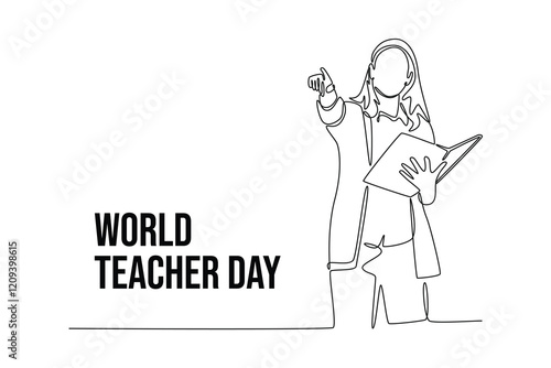 simple continuous line draw of A female teacher is seen teaching in class pointing to one of the students. Teachers day minimalist concept. School activity.