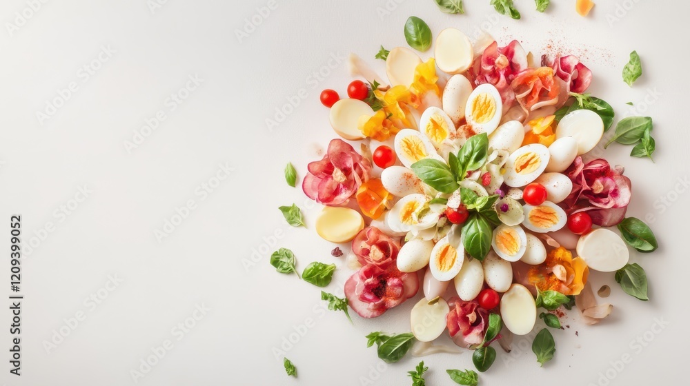 Aromatic Appetizer: A beautiful and artful arrangement of sliced hard-boiled eggs, salami, cherry tomatoes, and basil leaves, presented in a vibrant flower-like pattern. Aromatic Appetizer: A beautiful and artful arrangement of sliced hard-boiled eggs, salami, cherry tomatoes, and basil leaves, presented in a vibrant flower-like pattern.
