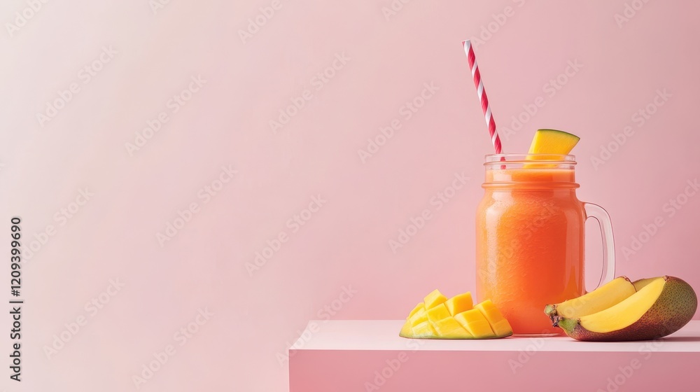 Mango Smoothie Delight: A refreshing mango smoothie in a mason jar, with a red and white striped straw and fresh mango slices, all arranged on a pink background. Mango Smoothie Delight: A refreshing mango smoothie in a mason jar, with a red and white striped straw and fresh mango slices, all arranged on a pink background.