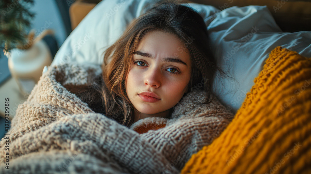 A young woman lying in bed with a fever, wrapped in a blanket, tissues nearby, looking weak and tired A young woman lying in bed with a fever, wrapped in a blanket, tissues nearby, looking weak and tired