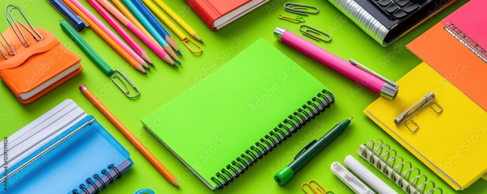 Top view of colorful school supplies and stationery on a green background, including pens, pencils, notebooks, and paper clips Top view of colorful school supplies and stationery on a green background, including pens, pencils, notebooks, and paper clips