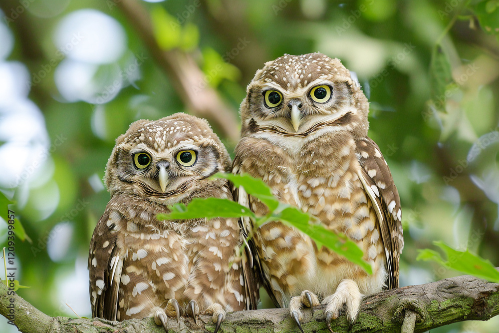 Two striking owls with piercing eyes sitting closely, showcasing their stunning feathers. Two striking owls with piercing eyes sitting closely, showcasing their stunning feathers.