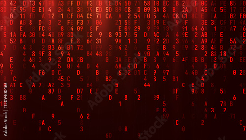 Abstract Red Binary Software Programming Code Background. Malicious Hack Malware Ransomware Concept. Data Leak Breach. Random Binary Data Matrix Wide Vector Illustration.