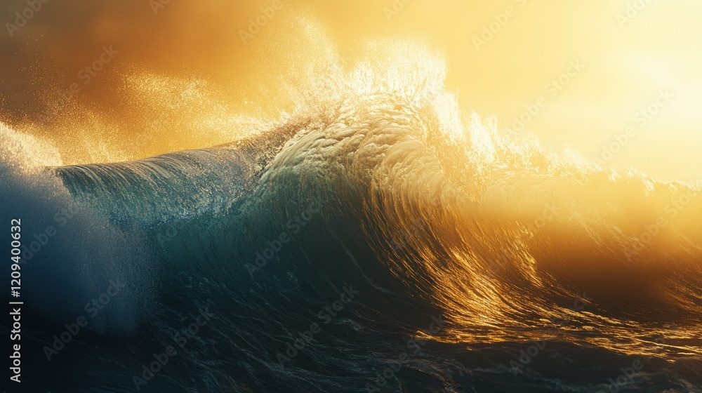 A massive Teahupoo wave illuminated by golden sunlight, its translucent blue barrel forming a perfect arc. The frothy white spray dances in the air, capturing the energy of the ocean