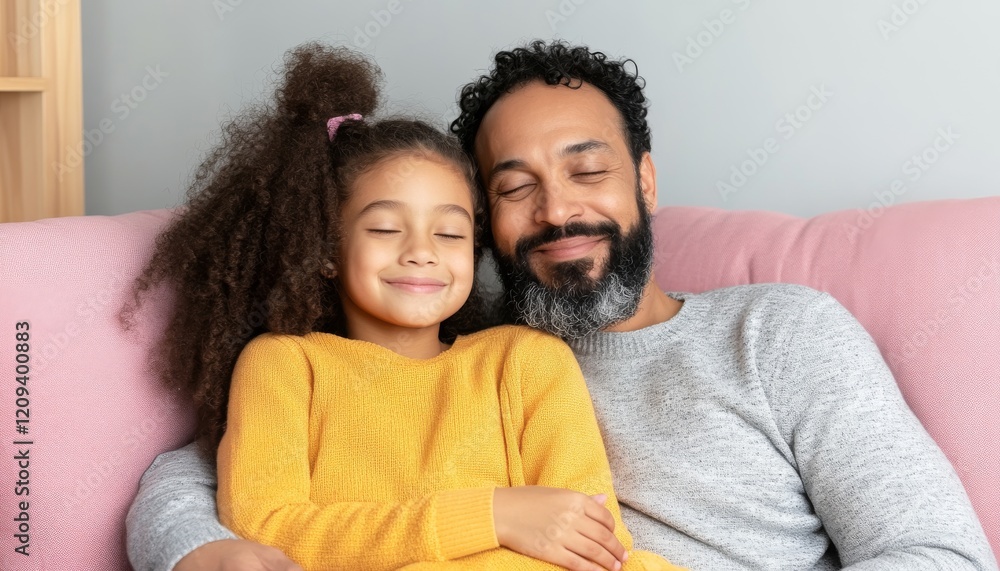 Obraz premium A loving father and daughter share a joyful moment on a couch, radiating warmth and happiness in a cozy living space.