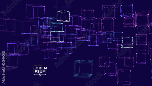 Big Data 3D Cubes Quantum Computer Business Server Concept Background. 3D Blockchain Cube Blocks Concept. Data Core Abstract Cubes. Artificial Intelligence HUD Design Element.