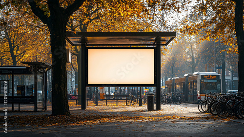 A large blank advertising board in a lightbox at a roadside bus stop, with soft sunlight streaming in. photo