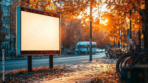 A large blank advertising board in a lightbox at a roadside bus stop, with soft sunlight streaming in. photo