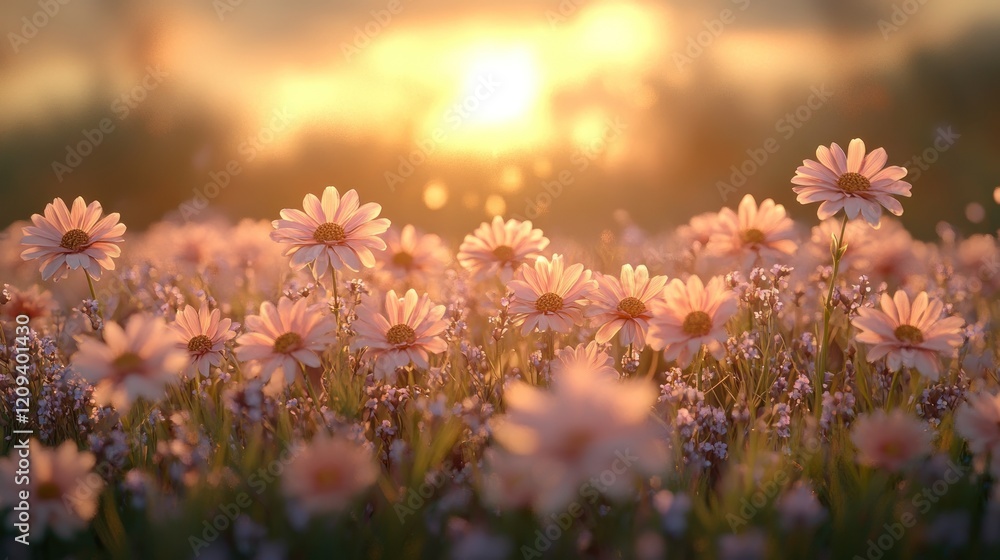 Sunset illuminates a field of delicate pink daisies. Sunset illuminates a field of delicate pink daisies.