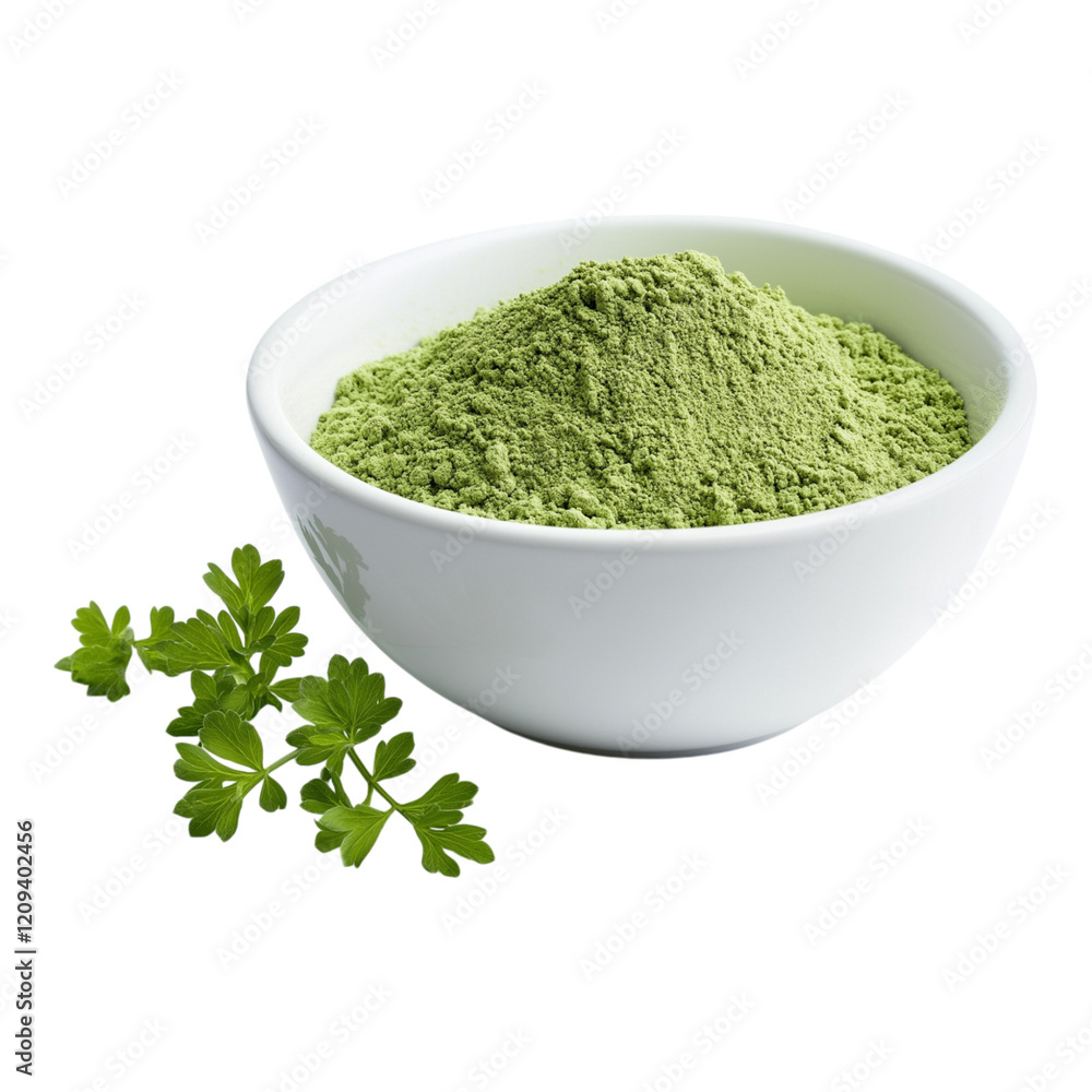 Angelica powder in a white bowl isolated on a white background Angelica powder in a white bowl isolated on a white background