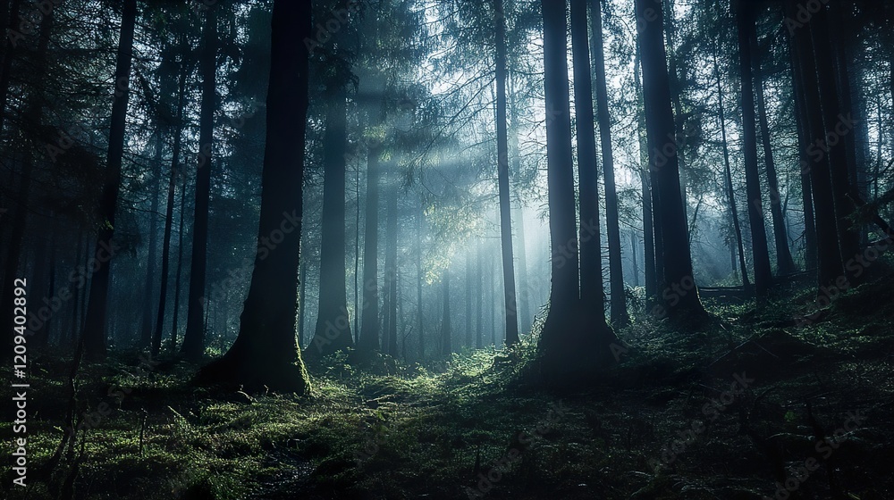 Obraz premium Enchanted Forest: Sunbeams Through Misty Woods