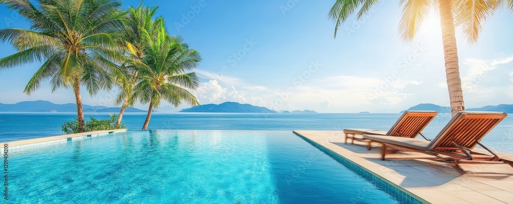 Obraz premium A luxury swimming pool with tropical palm trees and sun loungers
