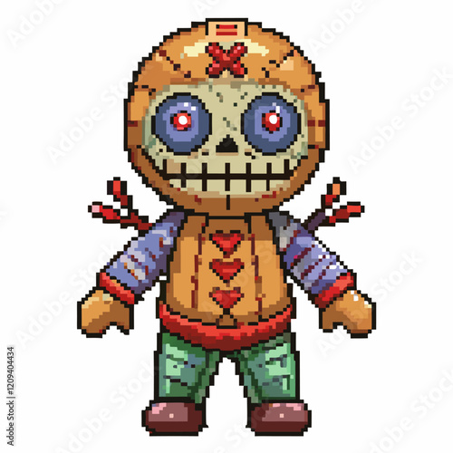 Pixel Art Voodoo Doll with Button Eyes and Stitching Details