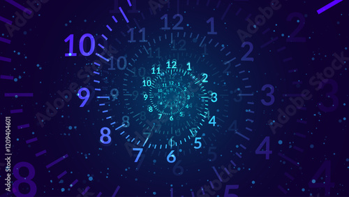 Blue Clock Spiral Dial. Clock in Space. Time Travel Infinity Universe Concept Metaphor. Infinite Time is Flying Fast Past and Future Concept. Timeless. Vector Illustration.