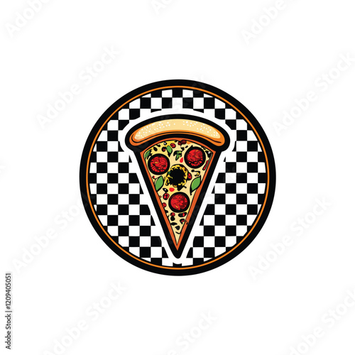 Design a logo featuring a stylized pizza slice, with a checkered pattern integrated into the design.