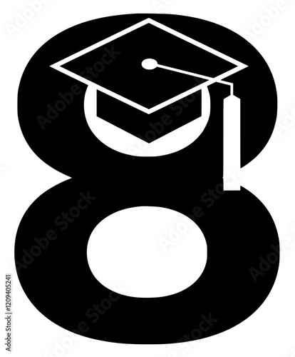 Graduation Cap on Number Eight Symbol, Black and white illustration of the number eight wearing a graduation cap, representing education, academic success, and scholarly achievement.  
  
