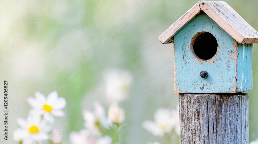 Charming birdhouse amidst blooming flowers, nature's harmony Charming birdhouse amidst blooming flowers, nature's harmony