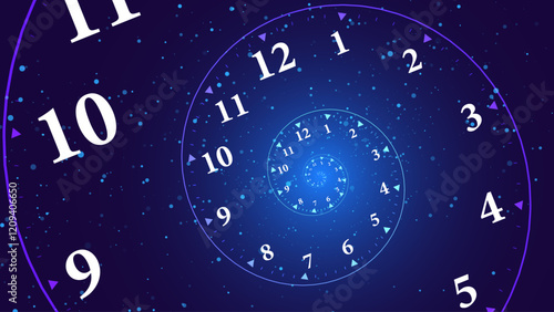 Blue Clock Spiral Dial. Clock in Space. Time Travel Infinity Universe Concept Metaphor. Infinite Time is Flying Fast Past and Future Concept. Timeless. Vector Illustration.