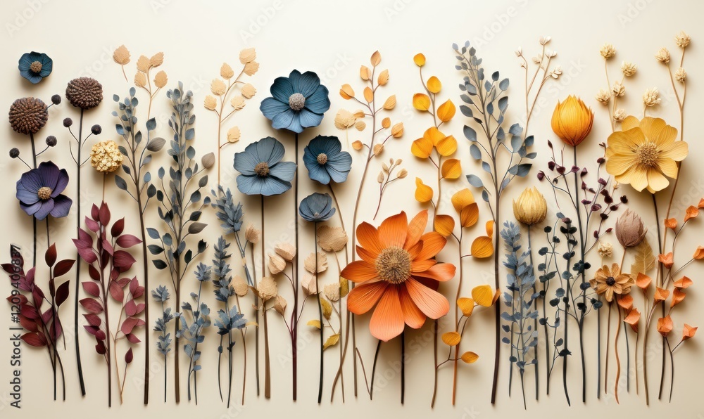 Naklejka premium Layout of voluminous paper flowers on a white background.