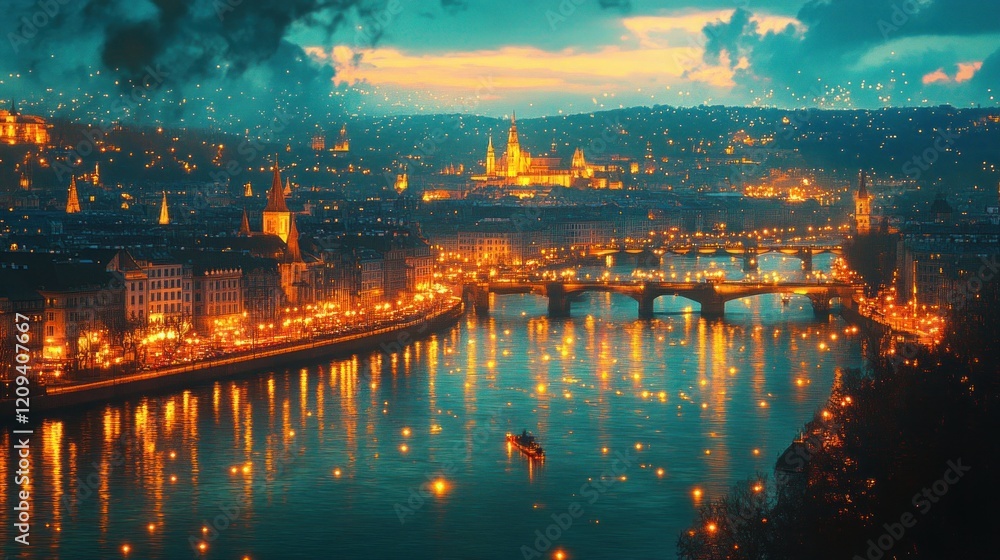 Fototapeta premium Prague at Dusk, a City Illuminated