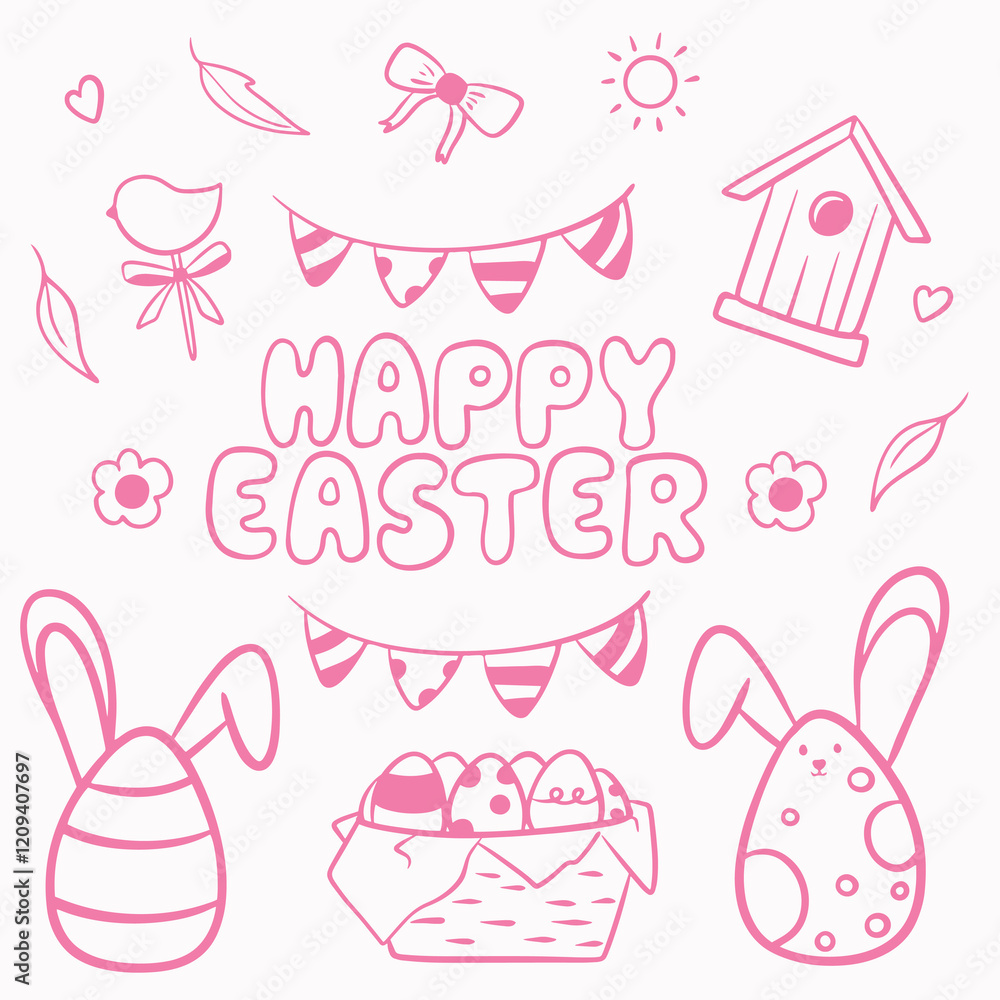 Big set of vector pink doodle elements for Easter: bunny with egg,, lettering, basket with eggs, eggs with ears, birdhouse, lollipop in the form of a bird, sun Big set of vector pink doodle elements for Easter: bunny with egg,, lettering, basket with eggs, eggs with ears, birdhouse, lollipop in the form of a bird, sun