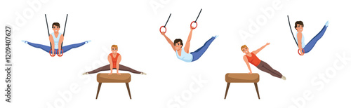 Man Athlete Character Do Gymnastics Exercise Vector Set