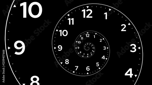 Clock Spiral Dial. Clock in Space. Time Travel Infinity Universe Concept Metaphor. Time is Flying Fast Future Concept. Vector Illustration.