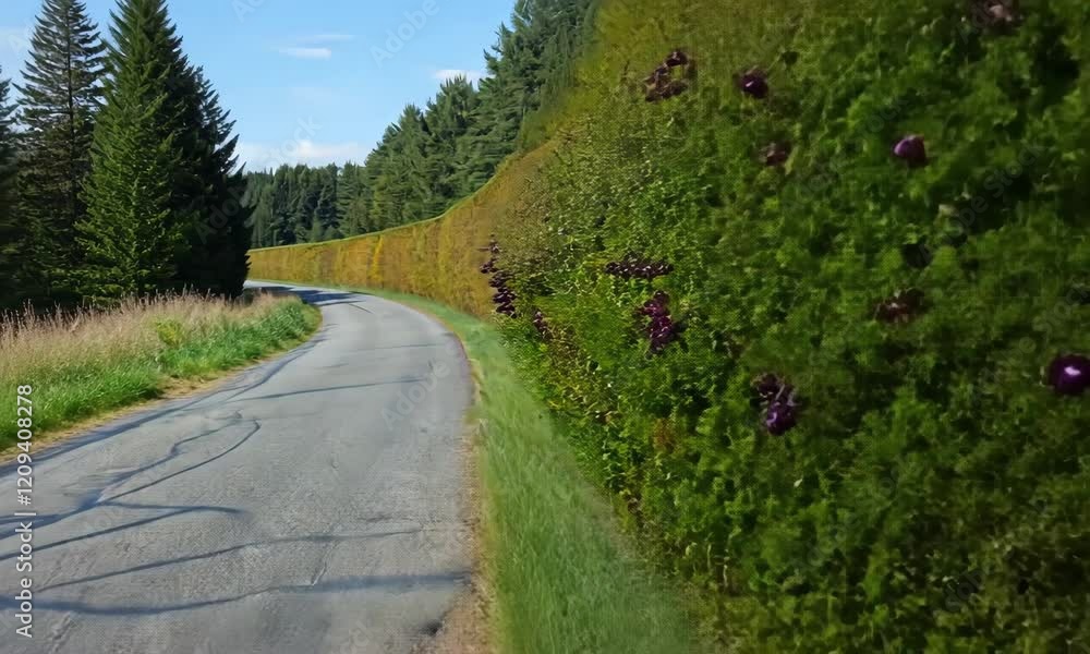 Country road curves past berry-laden hedge, forest background Country road curves past berry-laden hedge, forest background