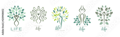 Life Logo Design with Root and Tree Crown Vector Set