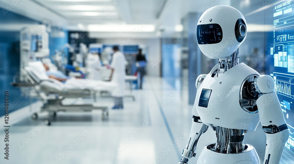 A robotic assistant providing medical support in a modern healthcare facility, clean and sophisticated environment with a focus on healthcare technology, Healthcare style A robotic assistant providing medical support in a modern healthcare facility, clean and sophisticated environment with a focus on healthcare technology, Healthcare style