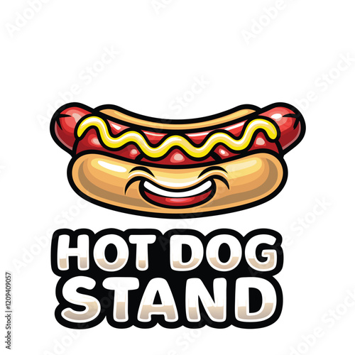 Design a playful logo for a hot dog stand featuring a stylized hot dog with quirky typography.