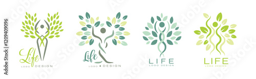 Life Logo Design with Root and Tree Crown Vector Set
