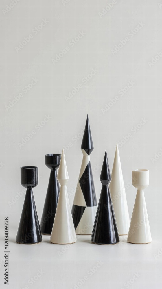 Black and White Conical Chess Pieces on a White Background Black and White Conical Chess Pieces on a White Background