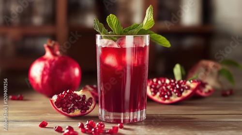 Wallpaper Mural Glass of pomegranate juice with mint leaves and pomegranates on wooden table Torontodigital.ca