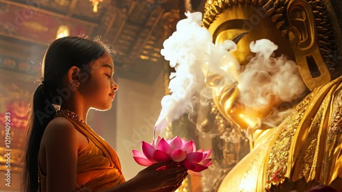 Young girl offering a lotus flower to a golden Buddha statue in a temple with incense smoke rising